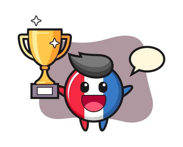 Cartoon illustration of france flag badge is happy holding up the golden trophy