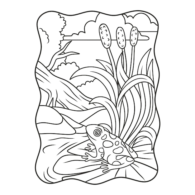 Cartoon illustration a frog sitting on a lotus flower in the middle of the river book or page for kids black and white