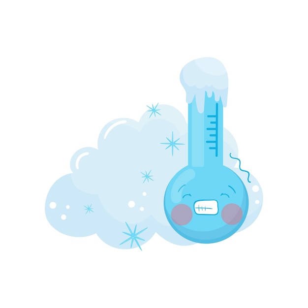 Illustrazione cartoon del termometro congelato con faccia buffa e nuvola di neve blu dietro di lui elemento di previsione meteo design piatto vettoriale per app o adesivi mobili