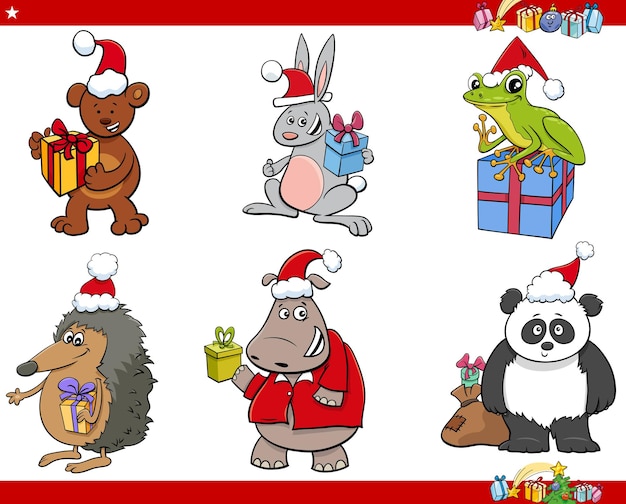 Cartoon illustration of funny animal characters on Christmas time set