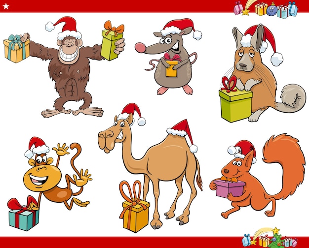 크리스마스 시간 세트에 재미있는 동물 캐릭터의 만화 그림