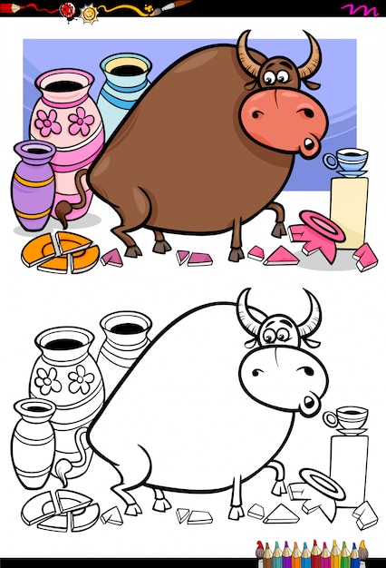 チャイナショップぬりえブックのアクティビティで面白い雄牛の漫画イラスト