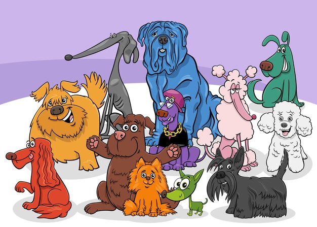 Illustrazione del fumetto di divertenti cani colorati e cuccioli gruppo di personaggi animali nel prato