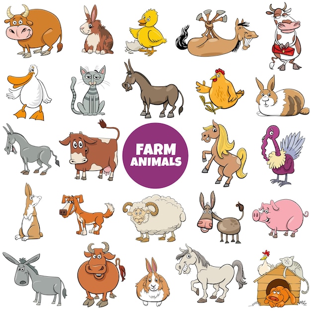 Vector cartoon illustration of funny farm animal characters big set