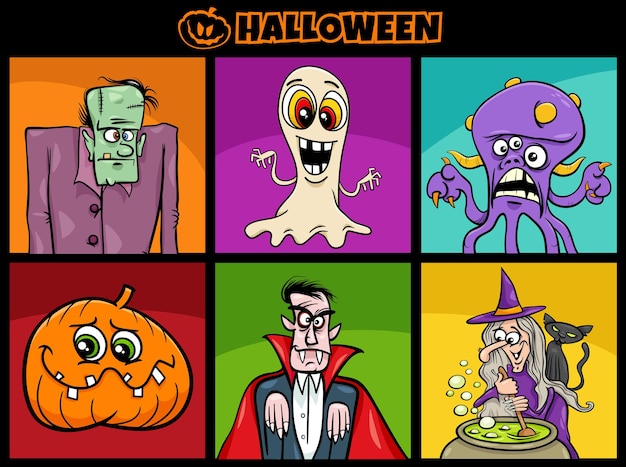 Cartoon illustration of funny halloween characters set