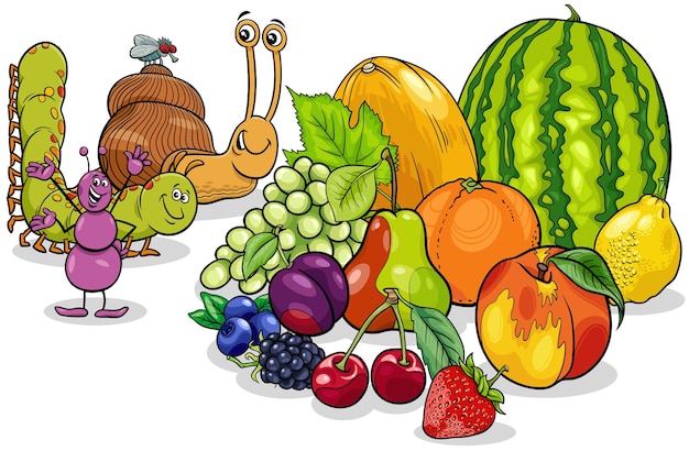 Vettore illustrazione del fumetto di personaggi di insetti divertenti e lumaca con frutta fresca