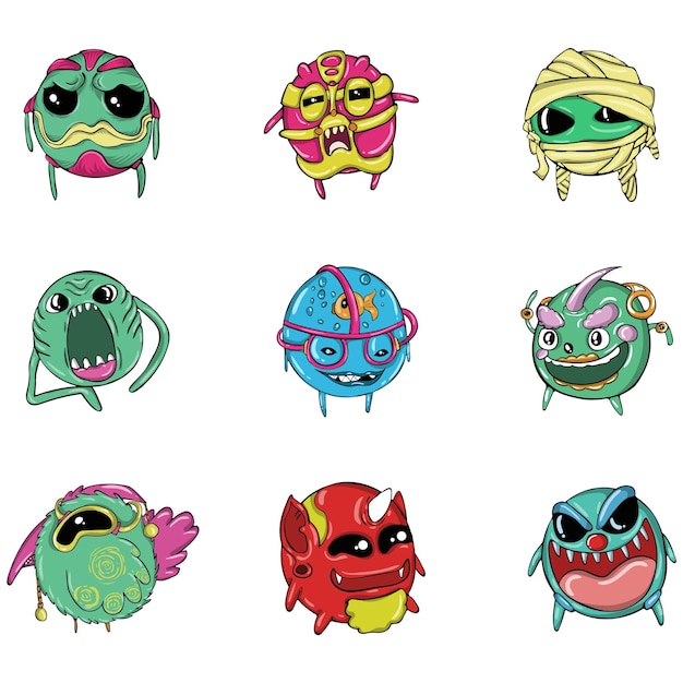 Cartoon illustration of funny monster emoji set