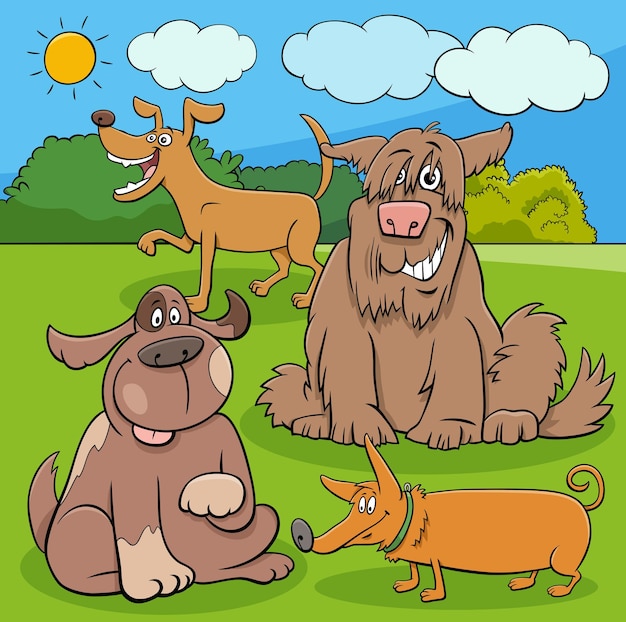 Vettore cartoon illustrazione di divertenti cani giocosi personaggi animali nel parco