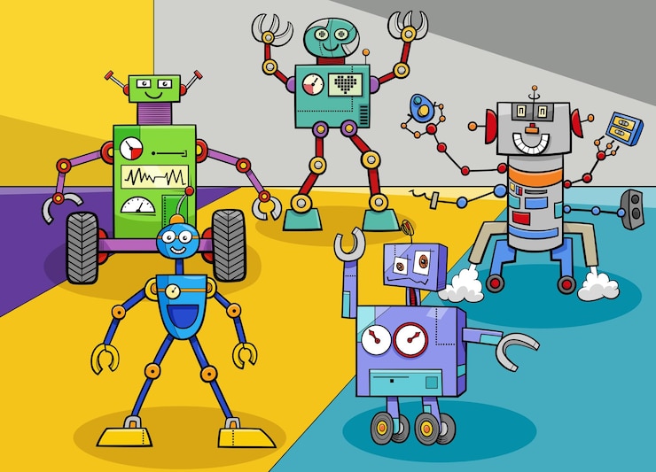 Vector cartoon illustration of funny robots comic characters group