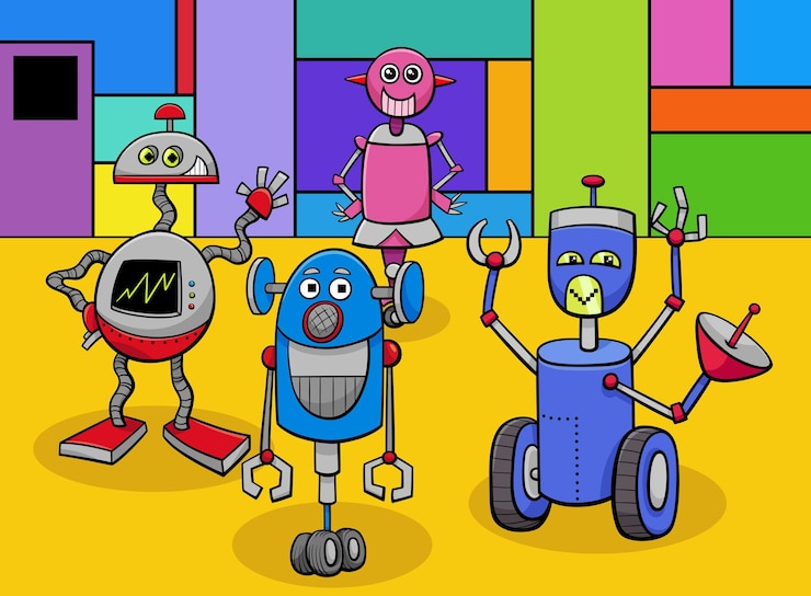 Vector cartoon illustration of funny robots comic characters group