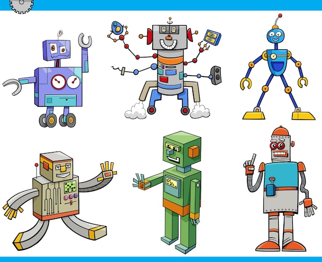 Cartoon illustration of funny robots or droids fantasy characters set