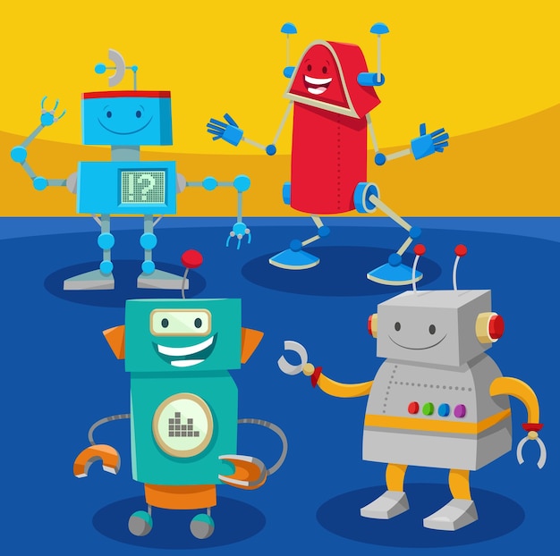 Vector cartoon illustration of funny robots or droids fantasy characters