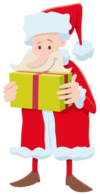 Cartoon illustration of funny Santa Claus character with present on Christmas time