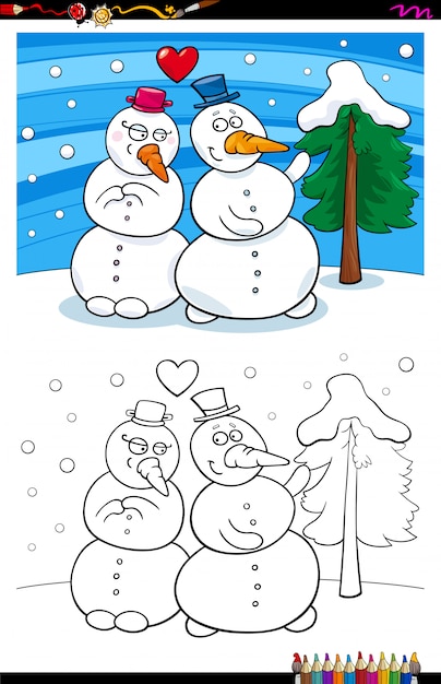 Illustrazione del fumetto dei caratteri divertenti del pupazzo di neve nell'amore attività del libro da colorare