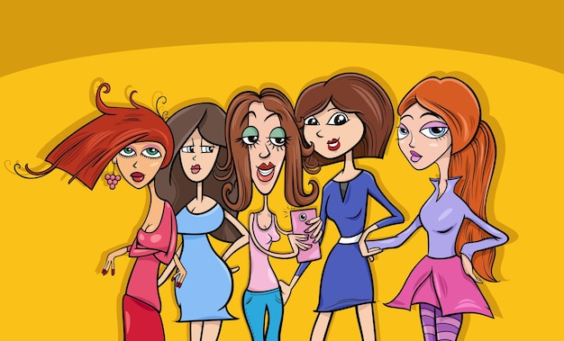 Cartoon illustration of funny young women comic characters group