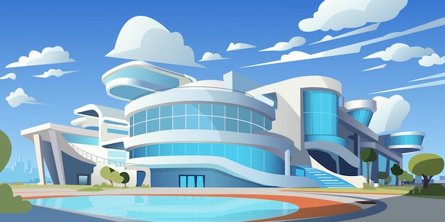 cartoon illustration of a futuristic building with a pool