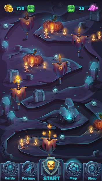 cartoon illustration game user interface - background horrible Halloween wall with pumpkin map window