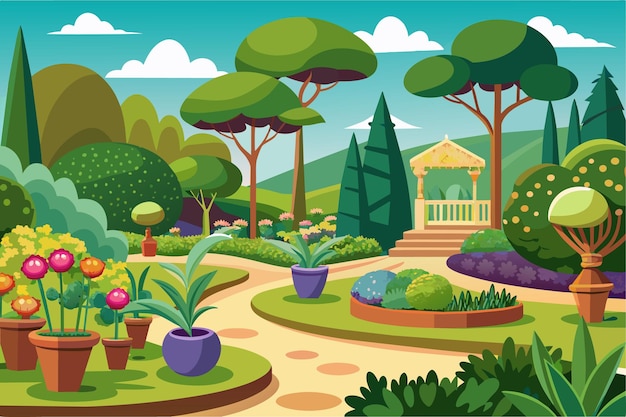 a cartoon illustration of a garden with a garden with a house and trees