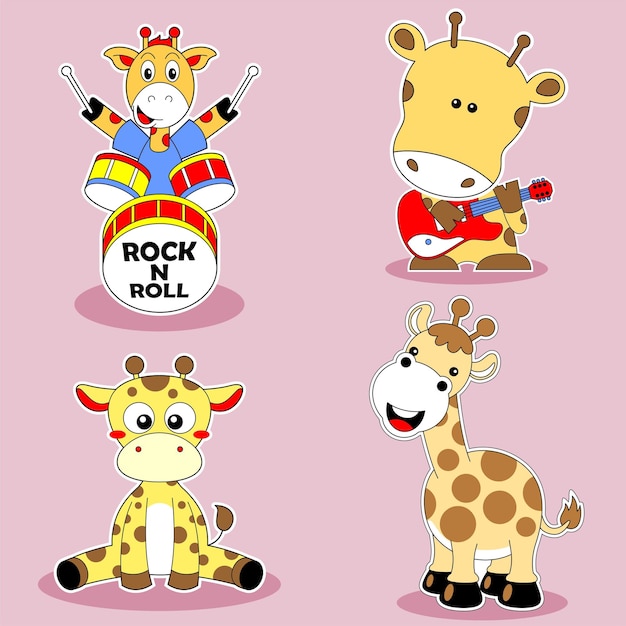 Vector a cartoon illustration of a giraffe and giraffe playing a guitar.