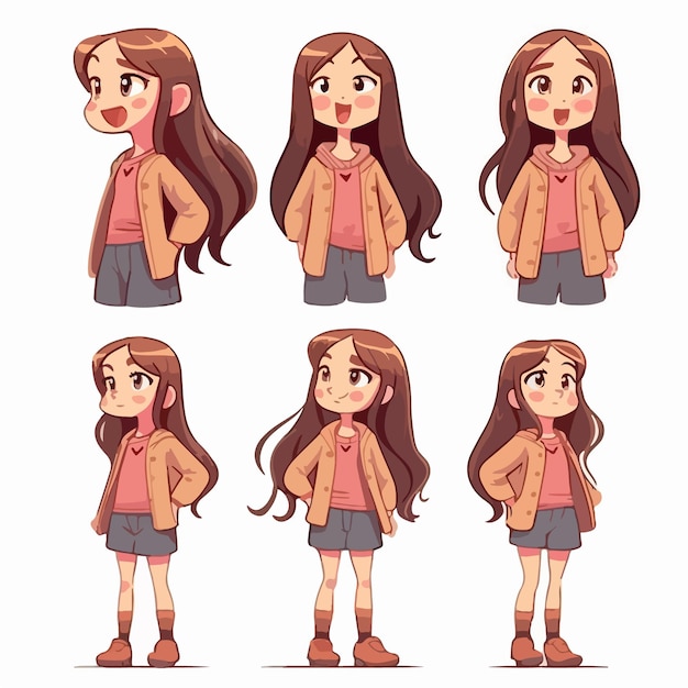 Vector cartoon illustration of a girl child in brown clothing