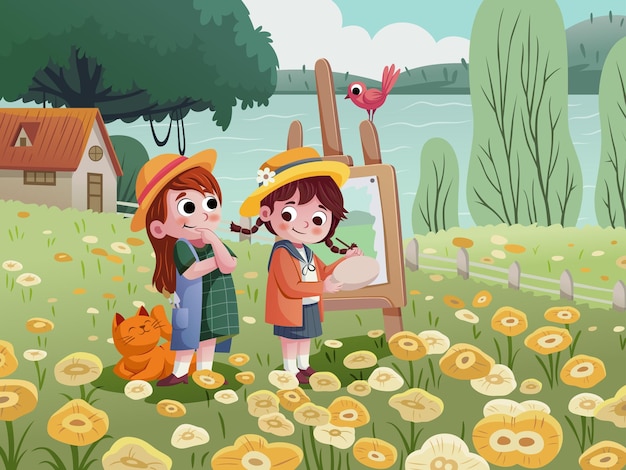 cartoon illustration of a girl having fun painting a beautiful spring landscape