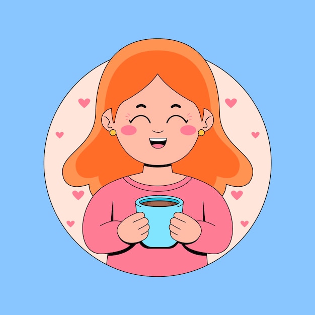 a cartoon illustration of girl holding a cup of tea