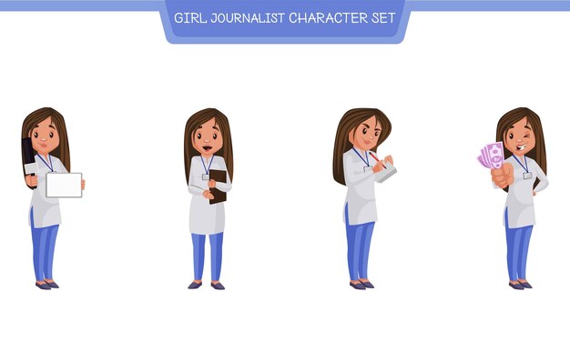 Cartoon illustration of girl journalist character set