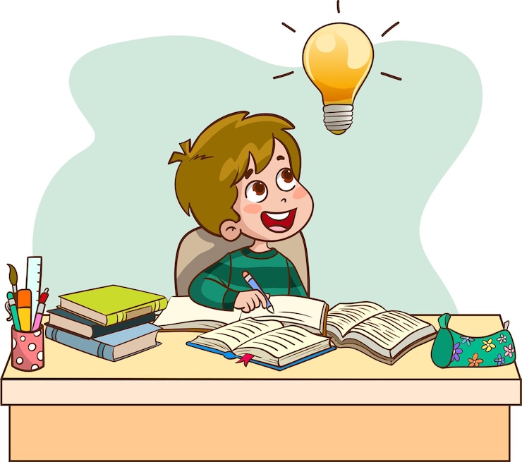 वेक्टर a cartoon illustration of a girl reading a book and a light bulb