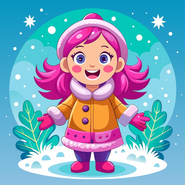 A cartoon illustration of a girl in a winter coat with trees in the background