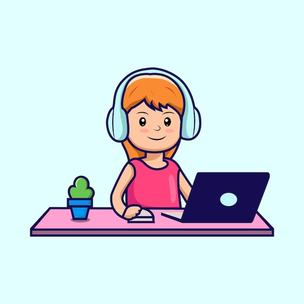 A cartoon illustration of a girl with a laptop