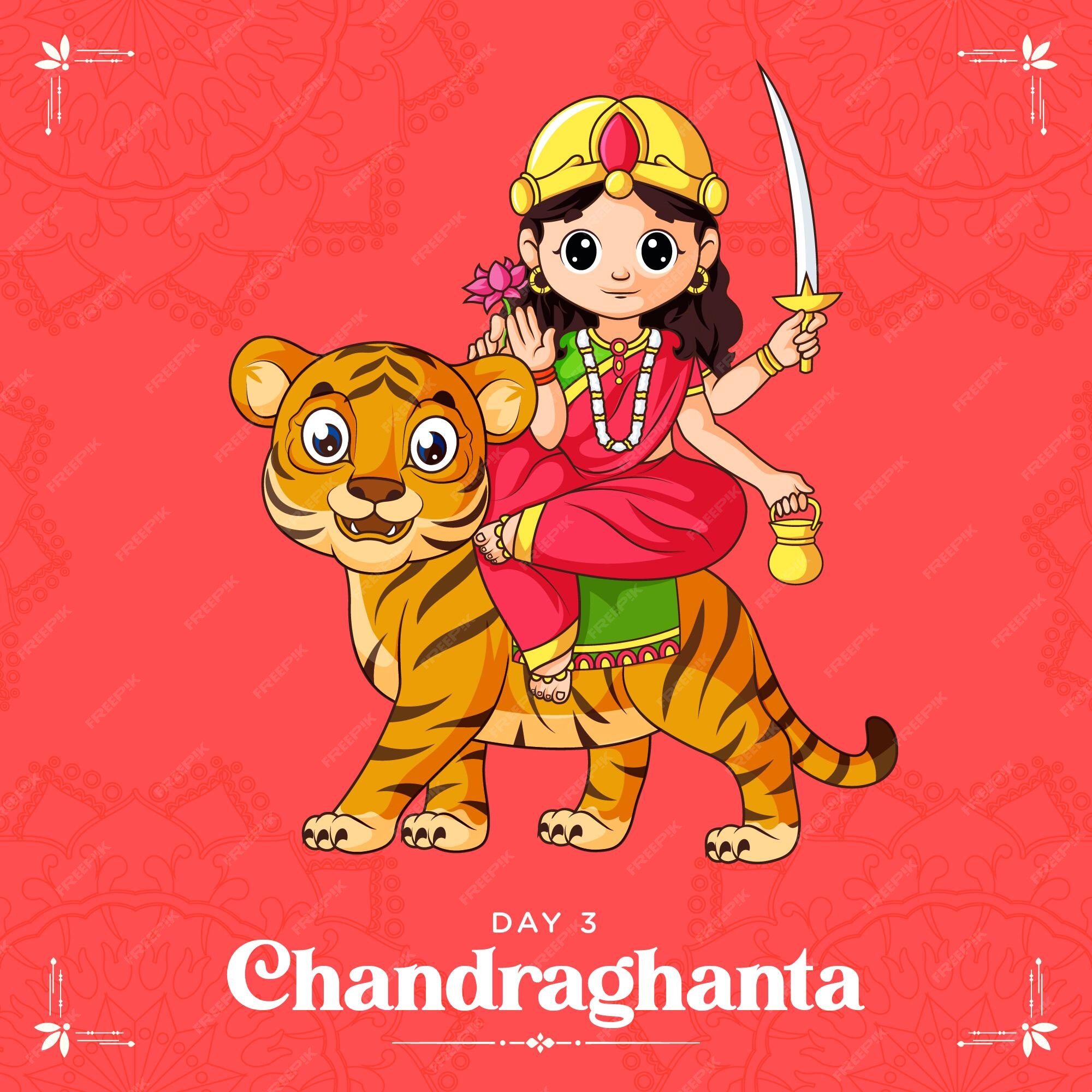 Premium Vector | Cartoon illustration of goddess chandraghanta maa for navratri banner day one of navratri festival Premium Vector | Cartoon illustration of goddess chandraghanta maa for navratri banner day one of navratri festival