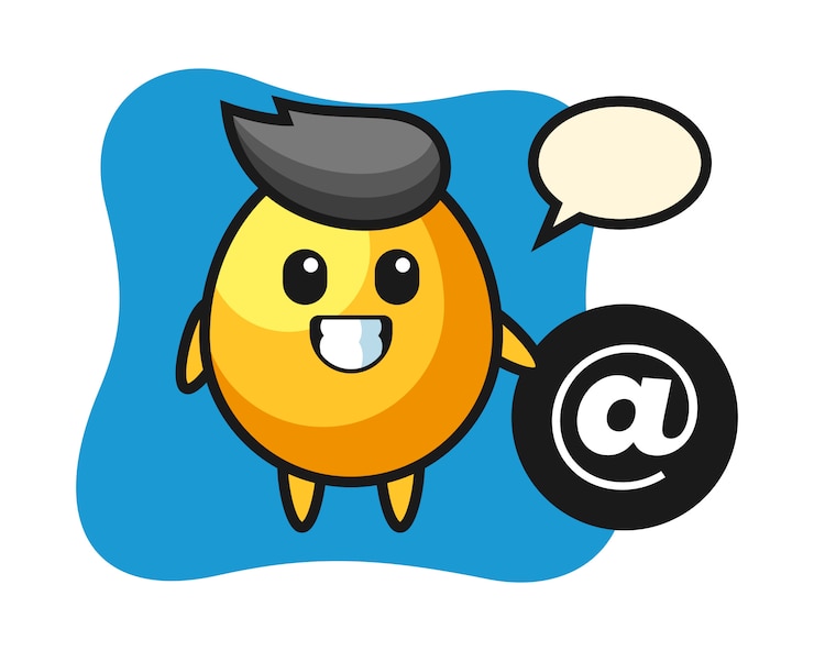 Vector cartoon illustration of golden egg standing beside the at symbol, cute style design  