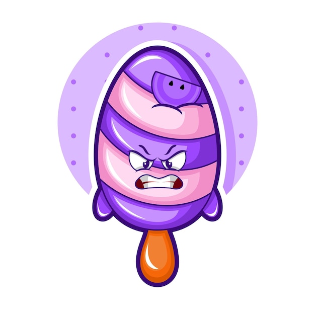 Cartoon illustration of grape ice cream with angry face