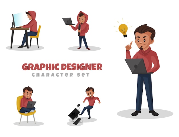 Vector cartoon illustration of graphic designer character set