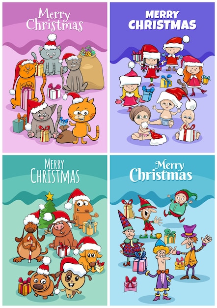 クリスマスホリデーキャラクターがセットされたグリーティングカードの漫画イラスト