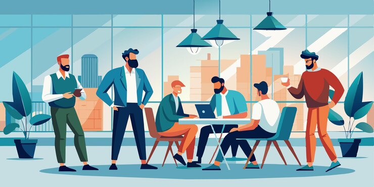 Вектор мультфильмная иллюстрация группы мужчин, работающих в кафе