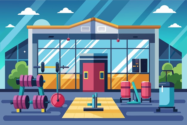 Vector a cartoon illustration of a gym with a gym and a gym with a gym bag and gym equipment