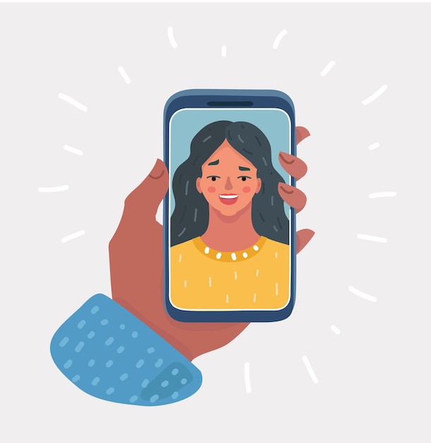 Cartoon illustration of hand hold smartphone Smiling happy woman on display