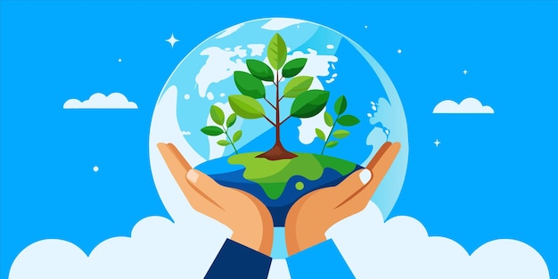 a cartoon illustration of hands holding a globe with a tree growing inside