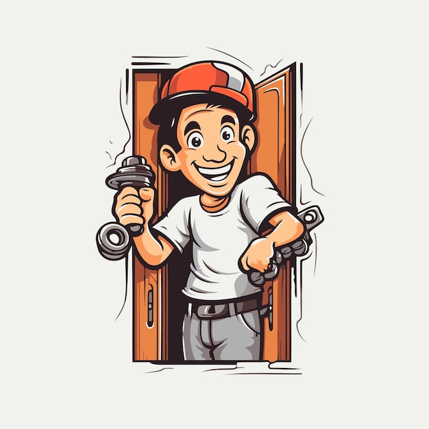 Vector cartoon illustration of handyman holding wrench and screwdriver in front of open door