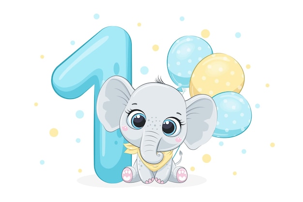 Cartoon illustration "Happy birthday, 1 year", cute baby elephant. Vector illustration.