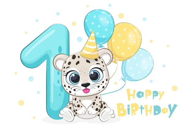 Cartoon illustration "Happy birthday, 1 year", cute leopard. Vector illustration.