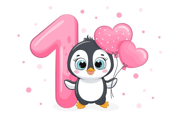 Карикатура иллюстрации «с днем рождения, 1 год», милый пингвин. векторная иллюстрация.