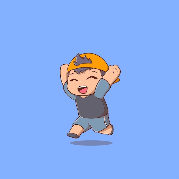 Cartoon illustration of happy boy running with raised hands