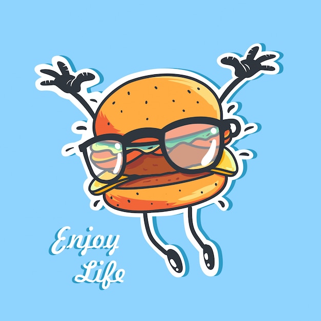 Vector cartoon illustration of a happy burger wearing glasses