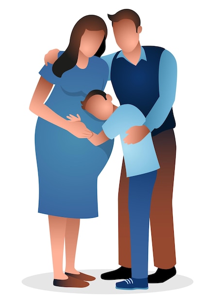 Cartoon illustration of happy family a boy hugging his pregnant mother hearing inside her belly