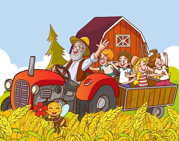 Cartoon illustration of happy family having fun on farm with tractor