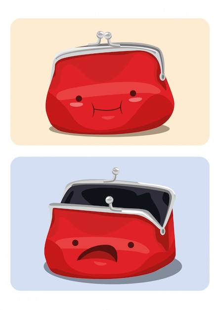 Cartoon  illustration of a happy full purse and an empty sad purse