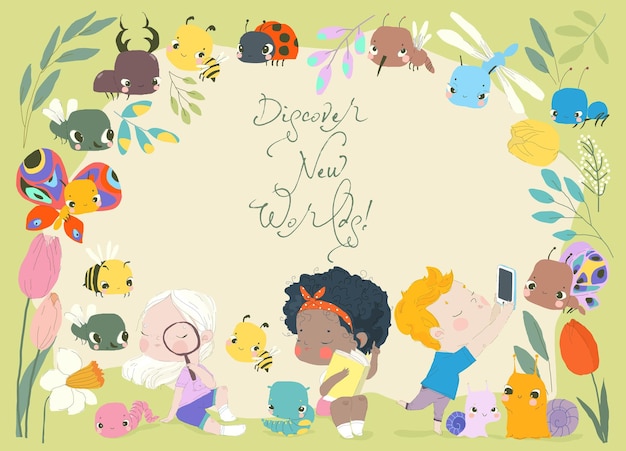 Vector cartoon illustration of happy kids discovering insects