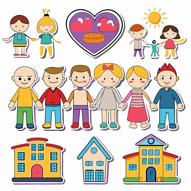 Vector cartoon illustration of happy kids holding hands in front of houses with a heart and sun